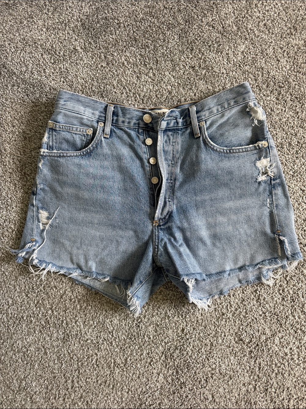 Agolde Light Blue Distressed Button-Front Denim Shorts